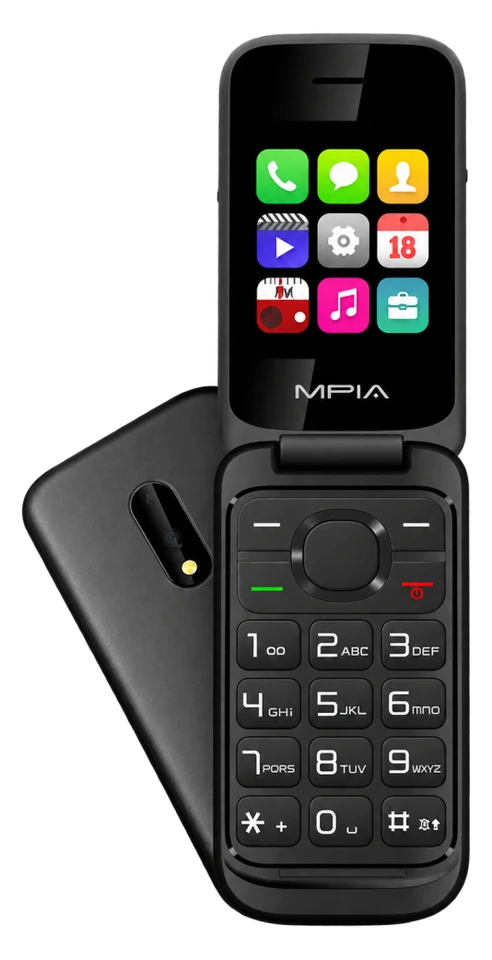 MPIA PRO E kamerasız kapaklı tuşlu telefon ön ve arka görünüm